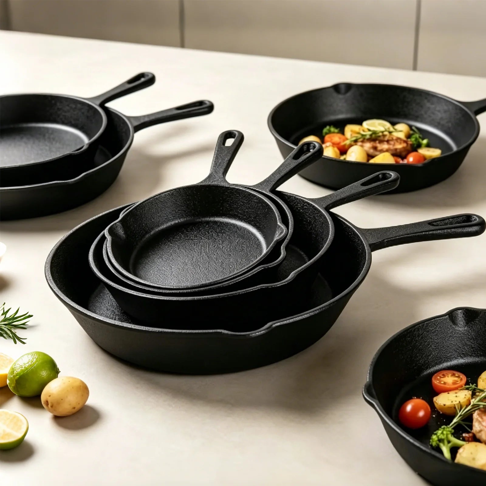 Set di Padelle in Ghisa Multi-Misura, Padella per Cottura Sana Senza Rivestimento, Ottima Ritenzione del Calore, Adatta a Tutti i Fornelli, Padella Robusta e Durevole per Bistecche, Verdure, BBQ e Brasatura