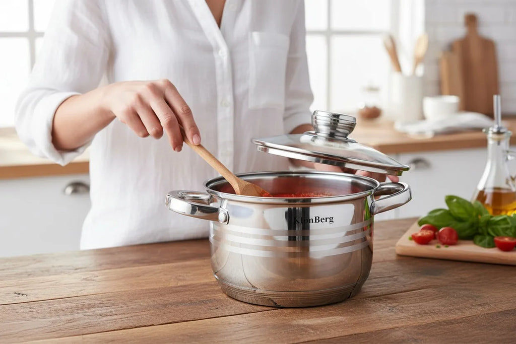 Klönberg Topfset | 12-teiliges Induktions-Kochgeschirr-Set | Edelstahl | Deckel aus gehärtetem Glas | Komfortable Griffe | Verschiedene Größen | Kratzfest | Verarbeitung aus Al