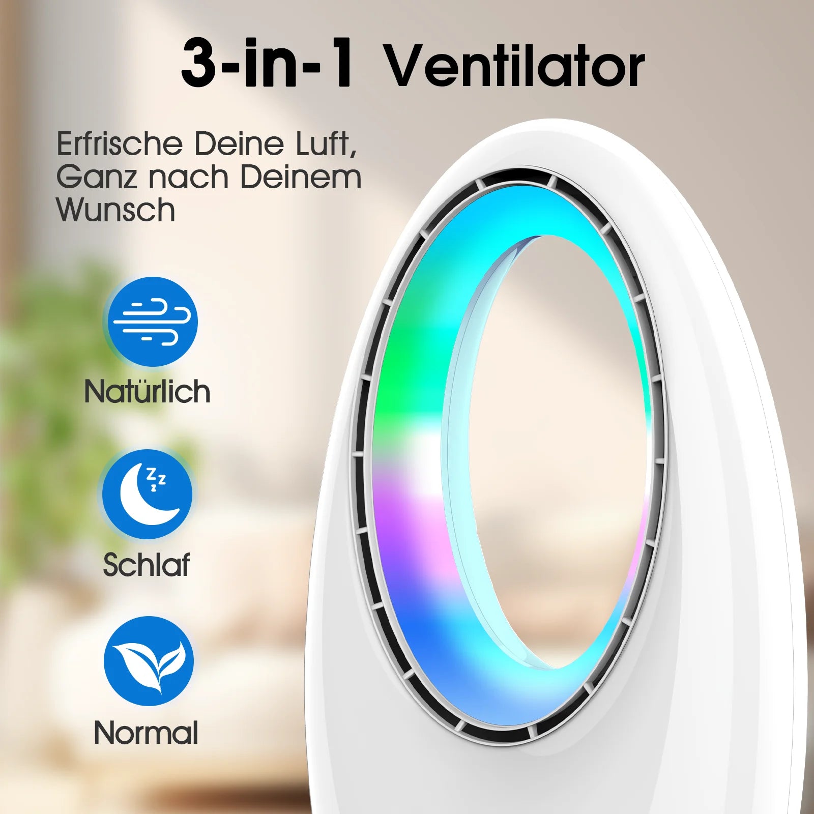 Ventilatore a torre senza pale 3 in 1 con telecomando, 3 velocità del vento, 60 °   Oscillazione, timer, illuminazione d'atmosfera a LED a 4 colori, ventilatore silenzioso da pavimento per camera da letto e soggiorno
