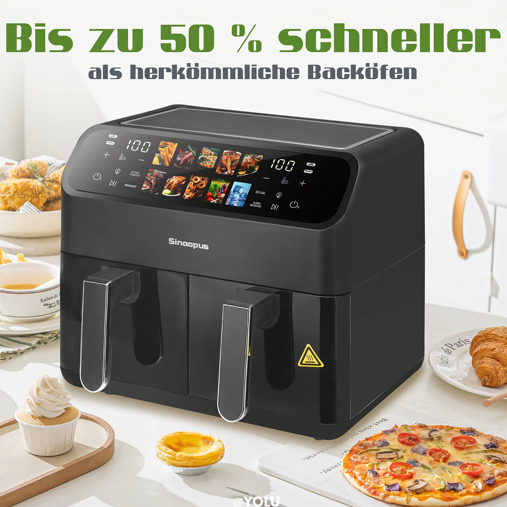 Sinaopus 2000W XXL 9L Doppelkorb-Heißluftfritteuse Multifunktions-Luftfritteuse mit LED-Touchscreen Timer Automatische Kochprogramme
