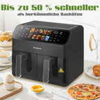 Sinaopus 2000W XXL 9L Doppelkorb-Heißluftfritteuse Multifunktions-Luftfritteuse mit LED-Touchscreen Timer Automatische Kochprogramme