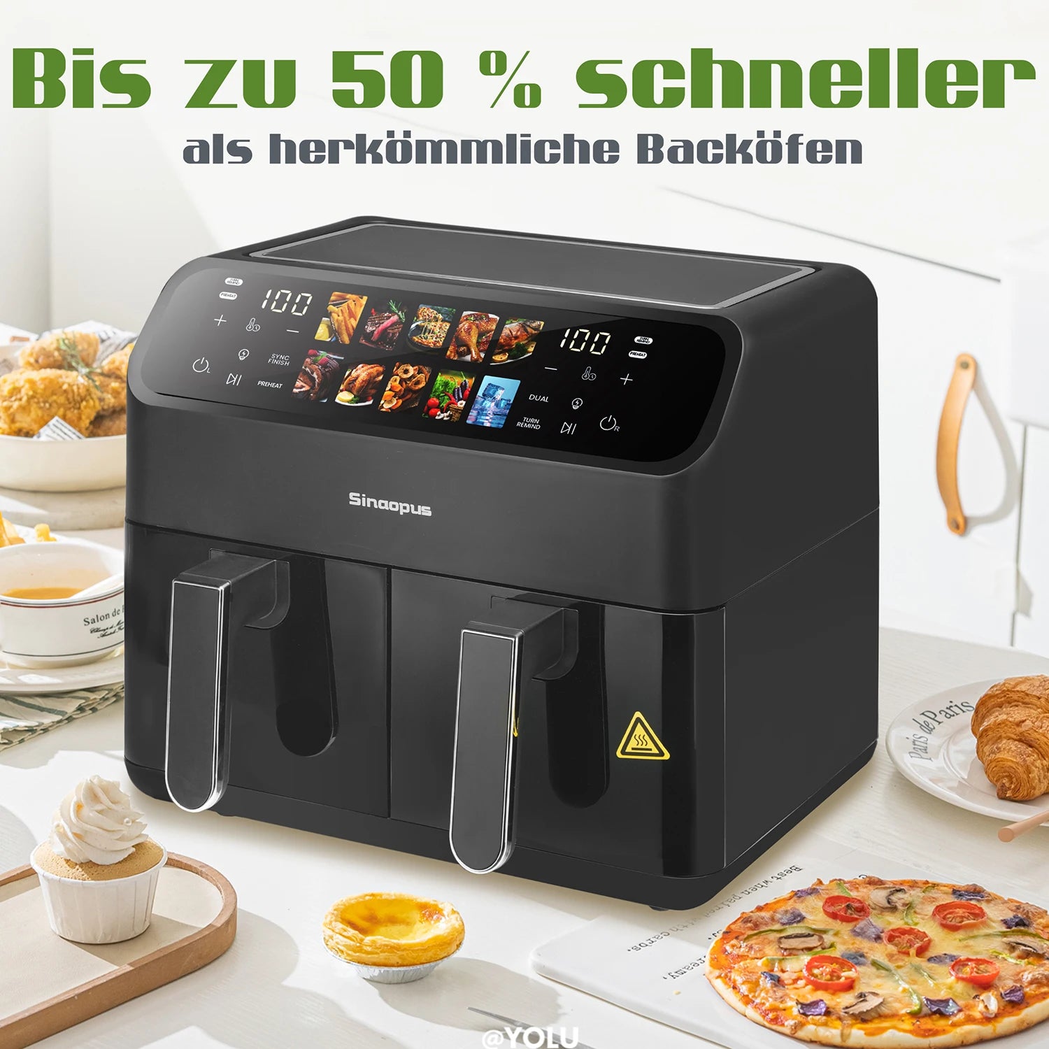Sinaopus 2000W XXL 9L Doppelkorb-Heißluftfritteuse Multifunktions-Luftfritteuse mit LED-Touchscreen Timer Automatische Kochprogramme