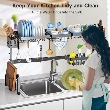 Adjustable large-capacity household kitchen sink over-the-sink dish drainer, multi-functional retractable carbon steel dish drainer