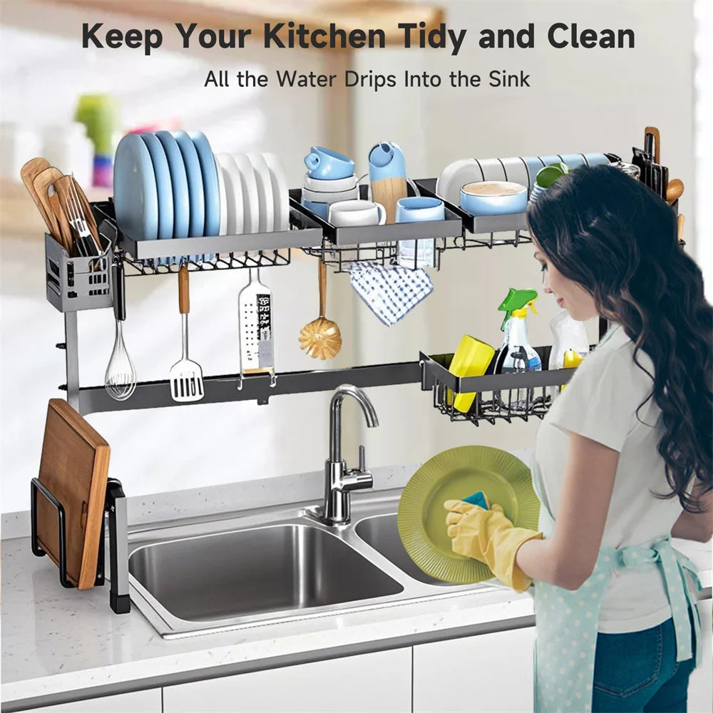 Lavello da cucina domestico regolabile di grande capacità sopra scolapiatti, scolapiatti retrattile multifunzionale in acciaio al carbonio