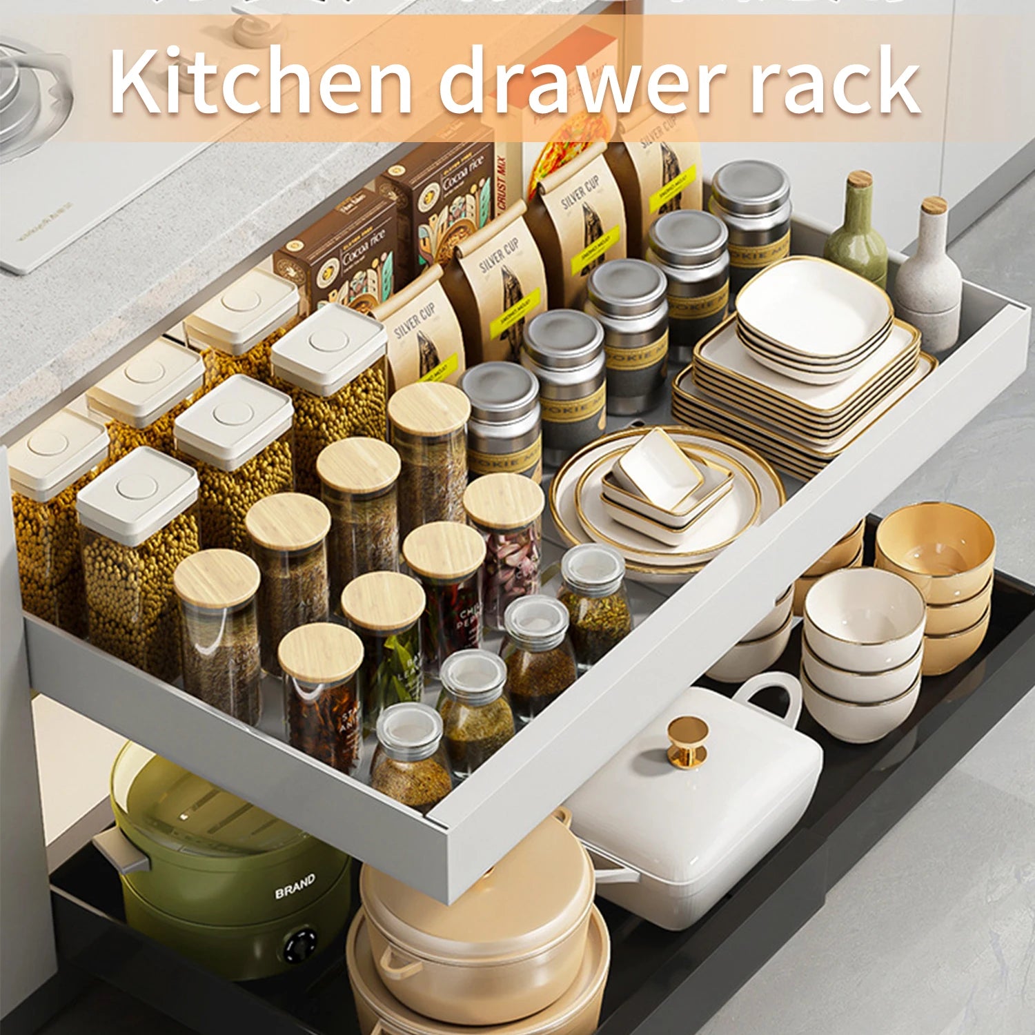 Auszugregal zum Verstauen von Gegenständen, ausziehbare Schublade, Küchen-Organizer, verstellbare Breite von 32 bis 52 cm, Küchenschrank ohne Bohren