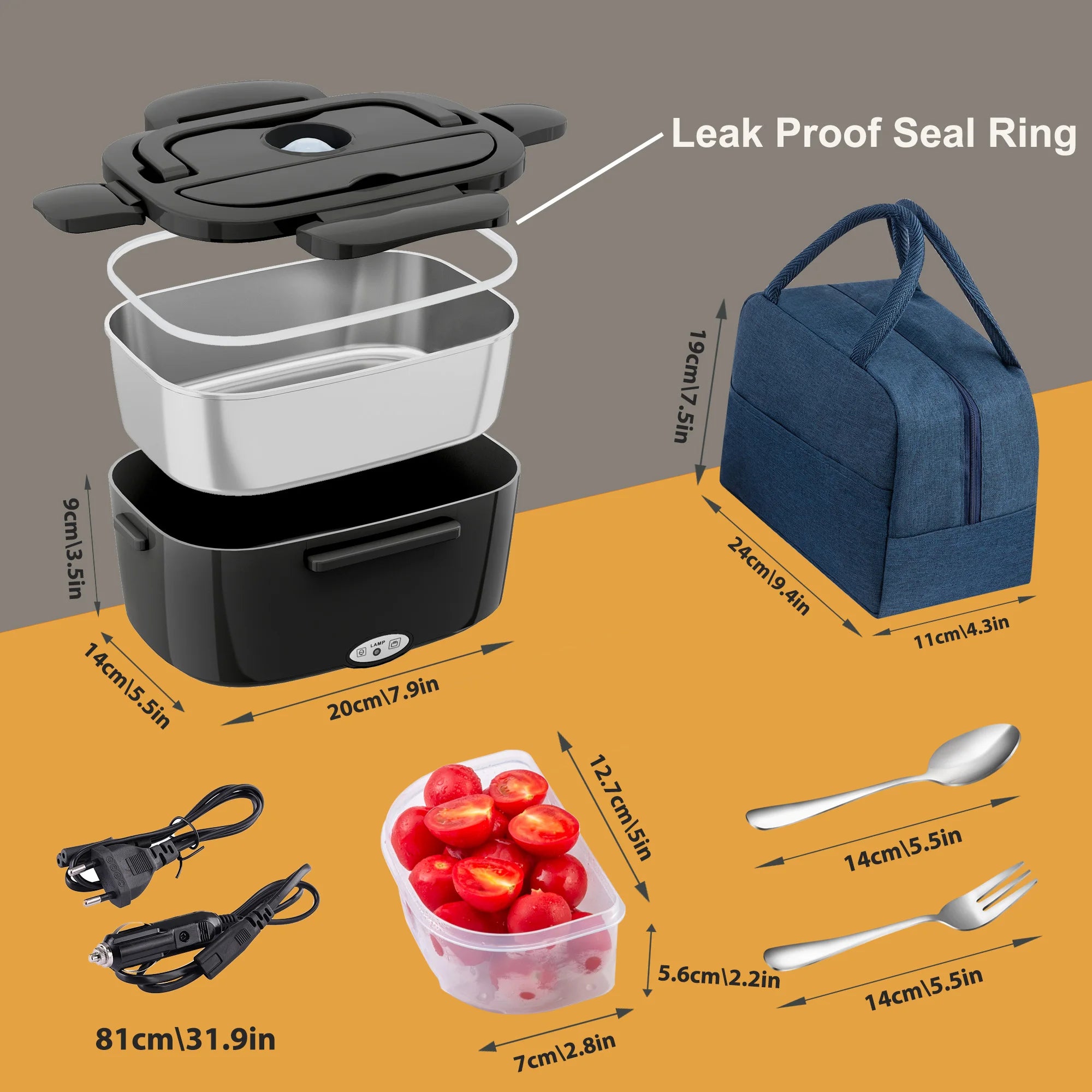 Elektrische Lunchbox 1,5 Liter, 80W, 12V/24V/230V, tragbarer Speisenwärmer für Auto und Zuhause, für warme Mahlzeiten