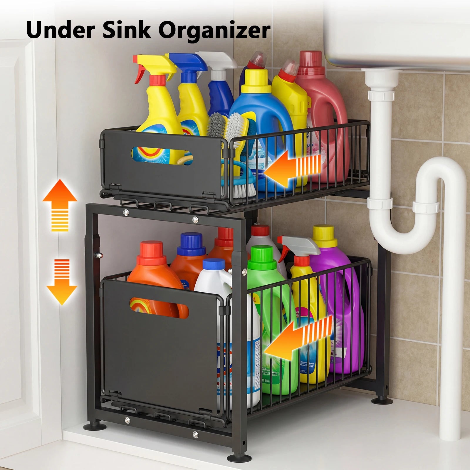 2-stufiger ausziehbarer Organizer, höhenverstellbares Regal für unter dem Waschbecken mit ausziehbarer Schublade für Küchen- und Badezimmerschränke