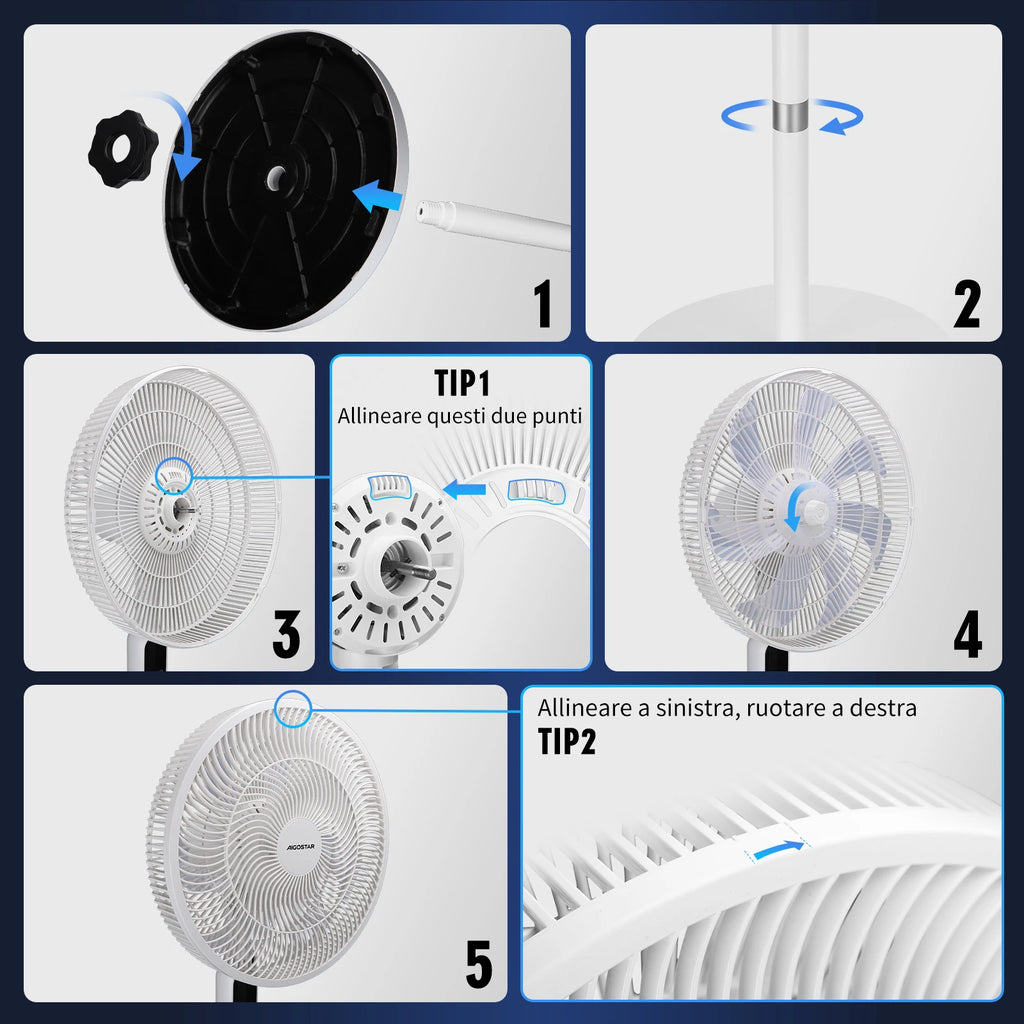 Aigostar 50W Leiser Standventilator mit 7 Flügeln, 3 Geschwindigkeiten und Modi, Fernbedienung, 12H Timer, ultrastabilem Rundsockel, höhenverstellbar 110-125cm, für Zuhause und Büro, Weiß, Rime