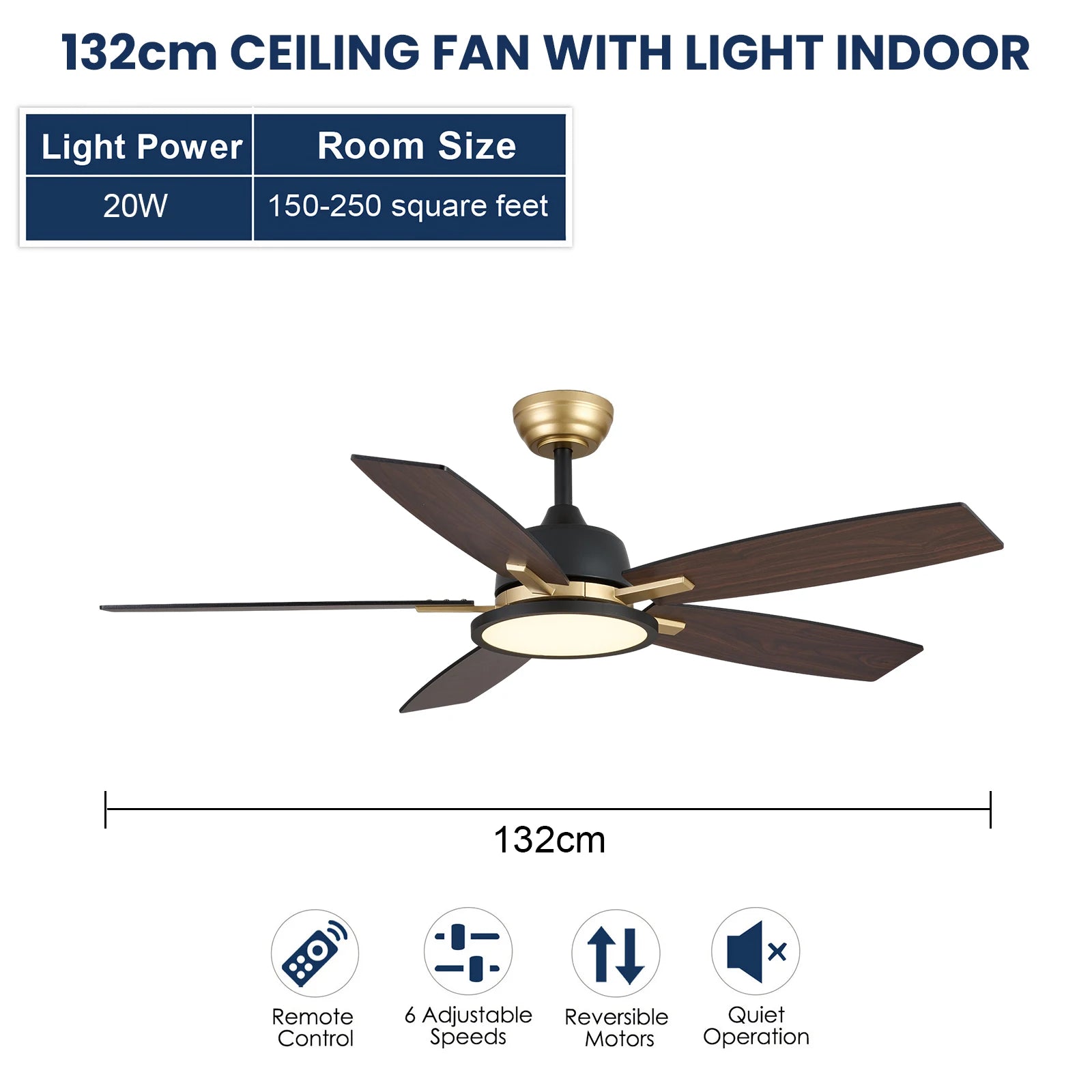 Ventilatore da soffitto da 132 cm con luce LED, 6 velocità, telecomando, reversibile, dimmerabile, finitura in legno