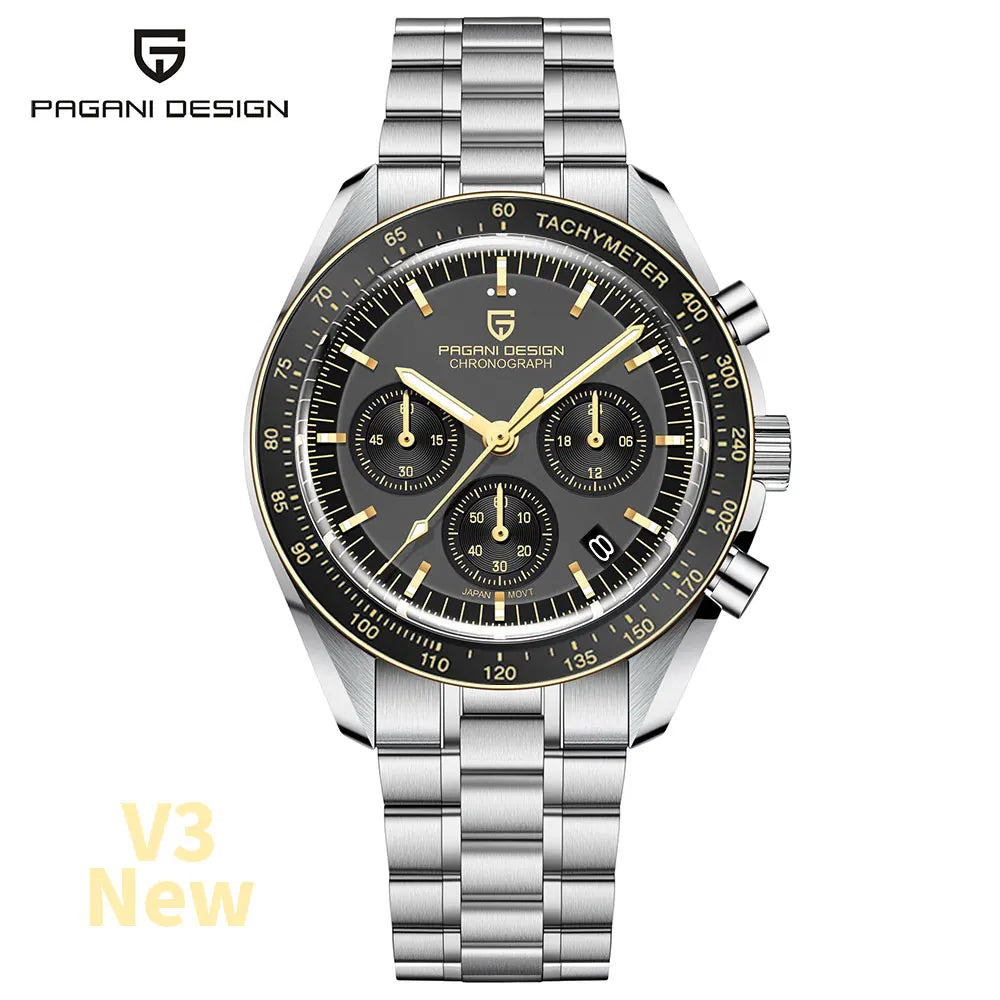 PAGANI DESIGN Orologio da Polso Uomo Luna Quarzo Cronografo Acciaio Inox Nero