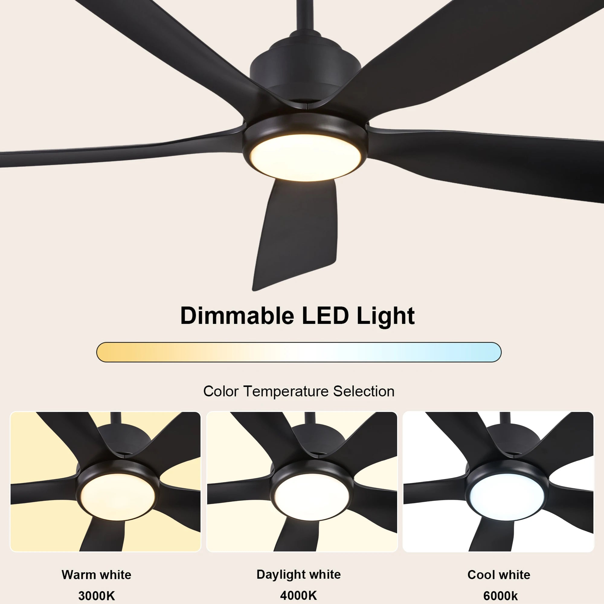 Ventilatore da soffitto da 132 cm con luce LED, 6 velocità, telecomando, reversibile, dimmerabile, finitura in legno