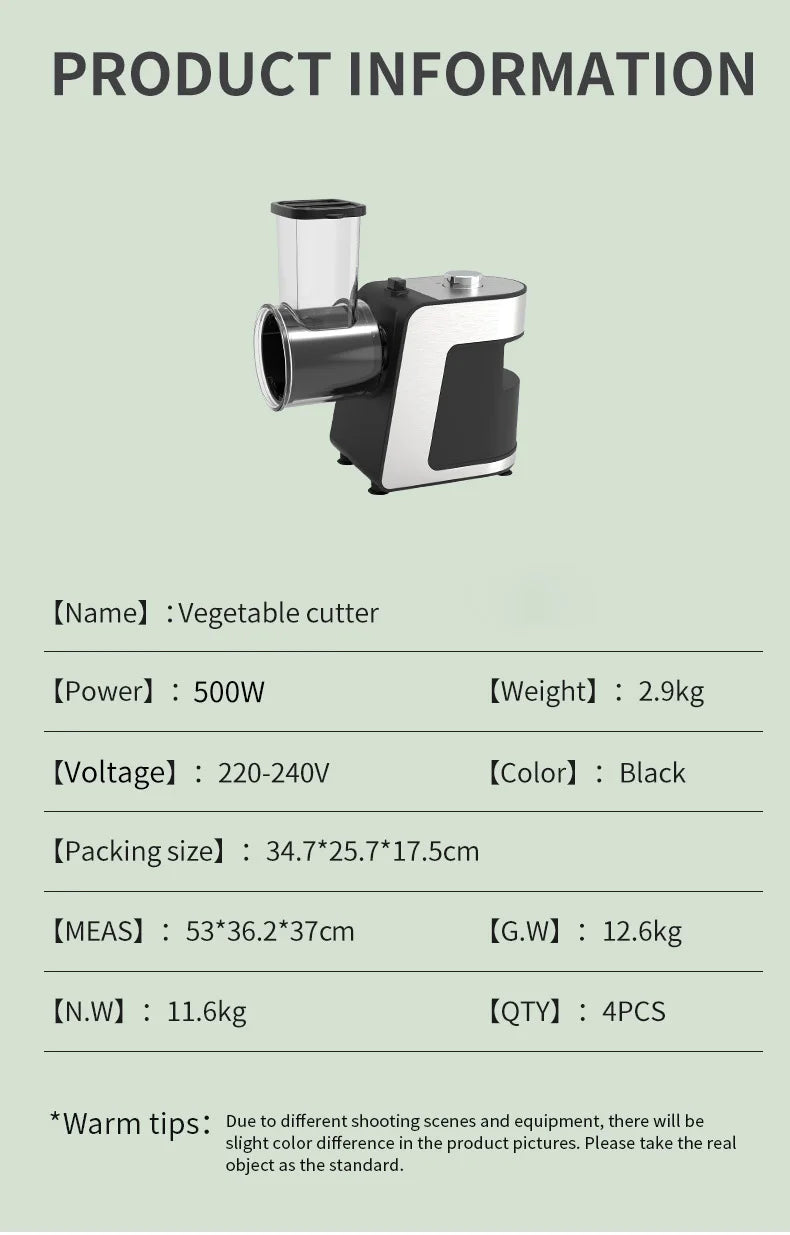 Elektrischer 5-in-1-Küchenhäcksler 500W – Edelstahl-Allesschneider, Zerkleinerer/Reibe für Käse, Karotten, Kartoffeln, 220V