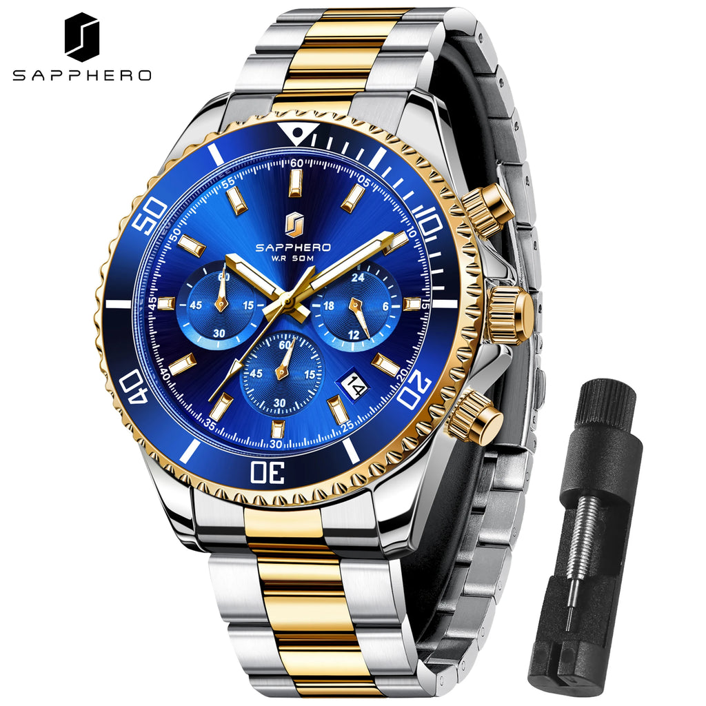SAPPHERO Orologio da Polso Quarzo Uomo Acciaio Inossidabile Impermeabile 50M Cronografo