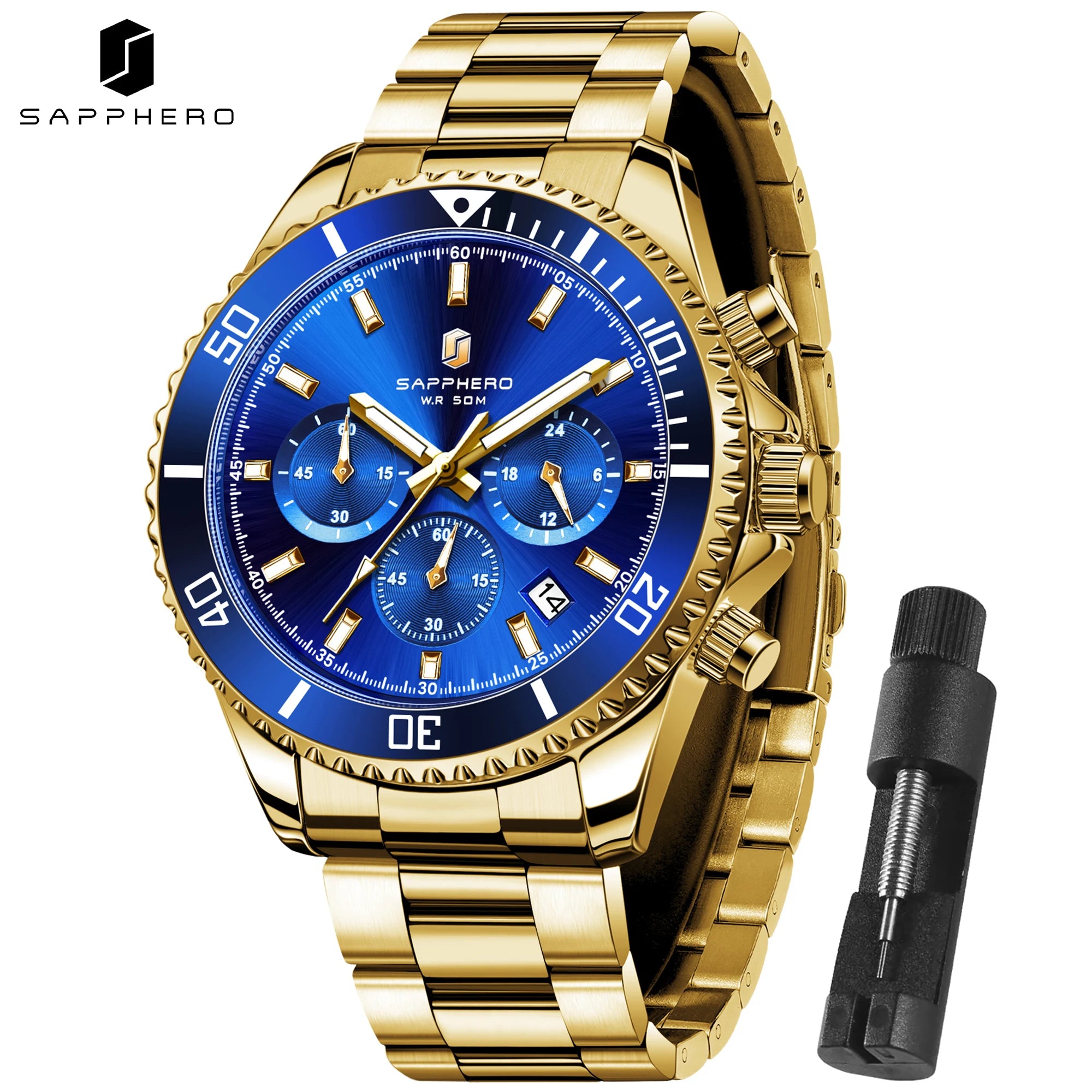 SAPPHERO Orologio Uomo Quarzo Cronografo Sport Acciaio Inossidabile Impermeabile 50M