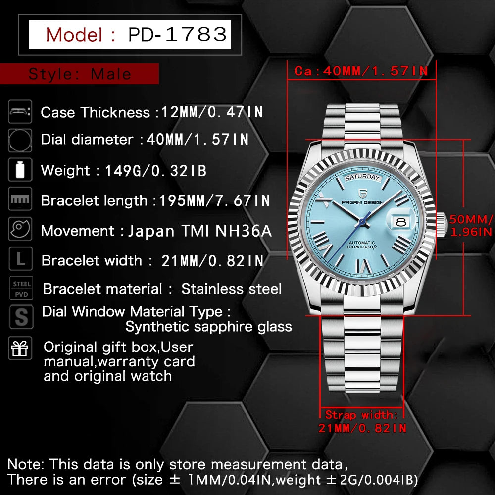PAGANI DESIGN Orologio Meccanico Automatico Uomo Ice Blue Acciaio Inossidabile Vetro Zaffiro