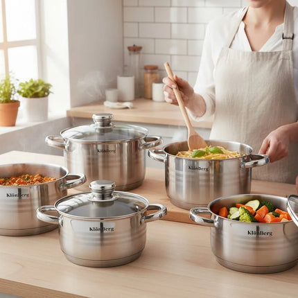 Set di Pentole Klönberg | Set di Pentole per Cucina a Induzione da 12 Pezzi | Acciaio Inossidabile | Coperchi in Vetro Temperato | Maniglie Comode | Varie Misure | Resistente ai graffi | Lavorazione di alta qualità