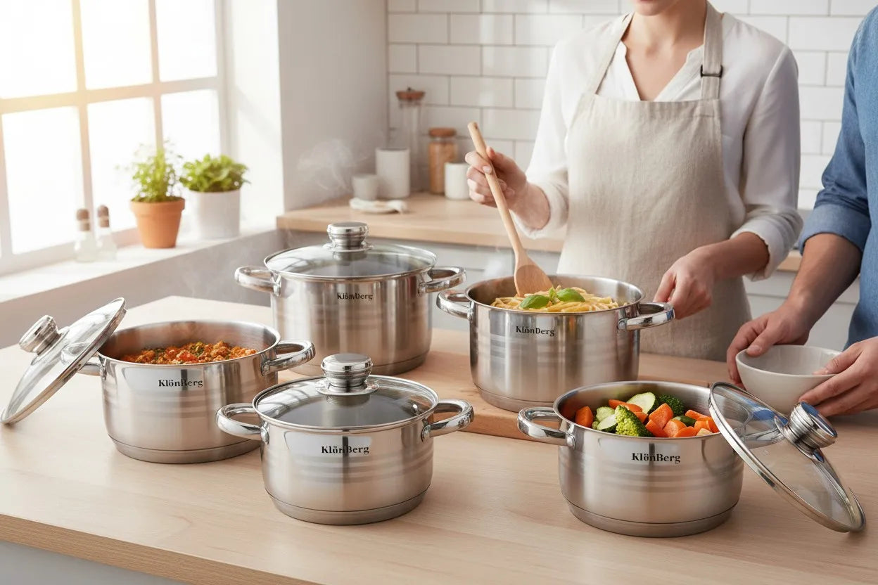 Klönberg Topfset | 12-teiliges Induktions-Kochgeschirr-Set | Edelstahl | Deckel aus gehärtetem Glas | Komfortable Griffe | Verschiedene Größen | Kratzfest | Verarbeitung aus Al