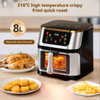 8L elektrische Heißluftfritteuse aus Edelstahl, großes sichtbares Fassungsvermögen, multifunktionaler Ofen, LED-Touchscreen, 210 °C hohe Temperatur