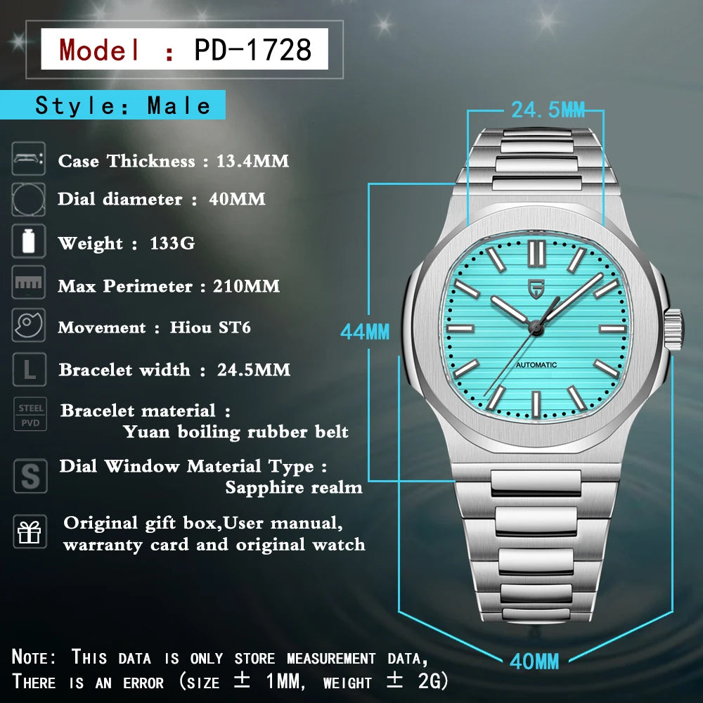 Nuovo Orologio Meccanico Automatico di Lusso Pugani da Uomo con Vetro Zaffiro Antiriflesso e Lancette Luminose, Orologio Sportivo da Uomo, Consegna Locale
