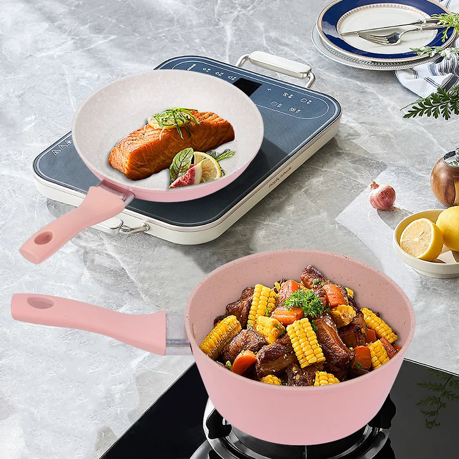Set di pentole da cucina per la casa, set di pentole e padelle antiaderenti, padella per bistecche di uova carine, padella con coperchio per tutti i piani cottura, 3 pezzi, rosa