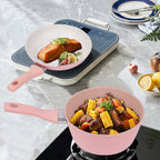 Set di pentole da cucina per la casa, set di pentole e padelle antiaderenti, padella per bistecche di uova carine, padella con coperchio per tutti i piani cottura, 3 pezzi, rosa