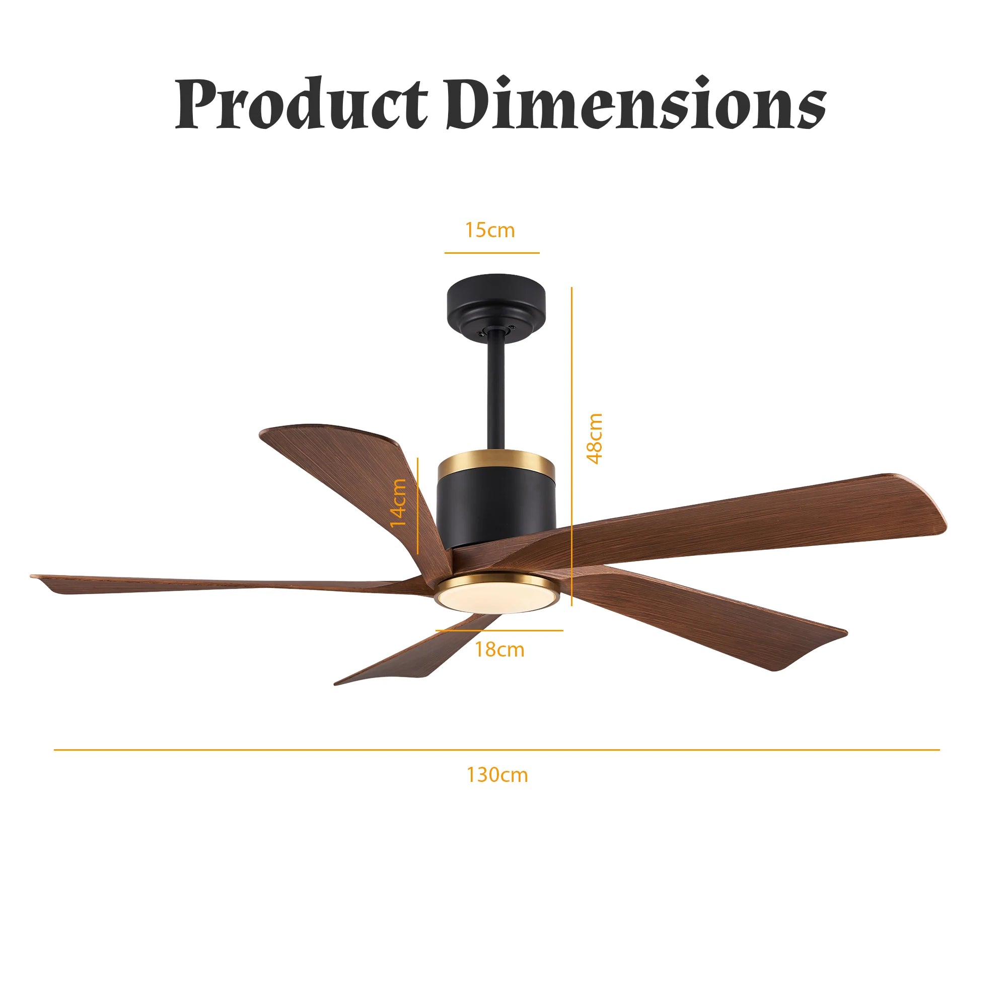 Ventilatore da soffitto da 132 cm con luce LED, 6 velocità, telecomando, reversibile, dimmerabile, finitura in legno