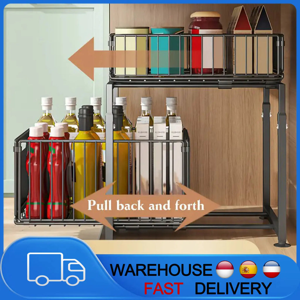 Organizer estraibile sotto il lavandino, scorrevole in altezza regolabile a 2 livelli per armadio da cucina/bagno, ripiano per barattoli di spezie