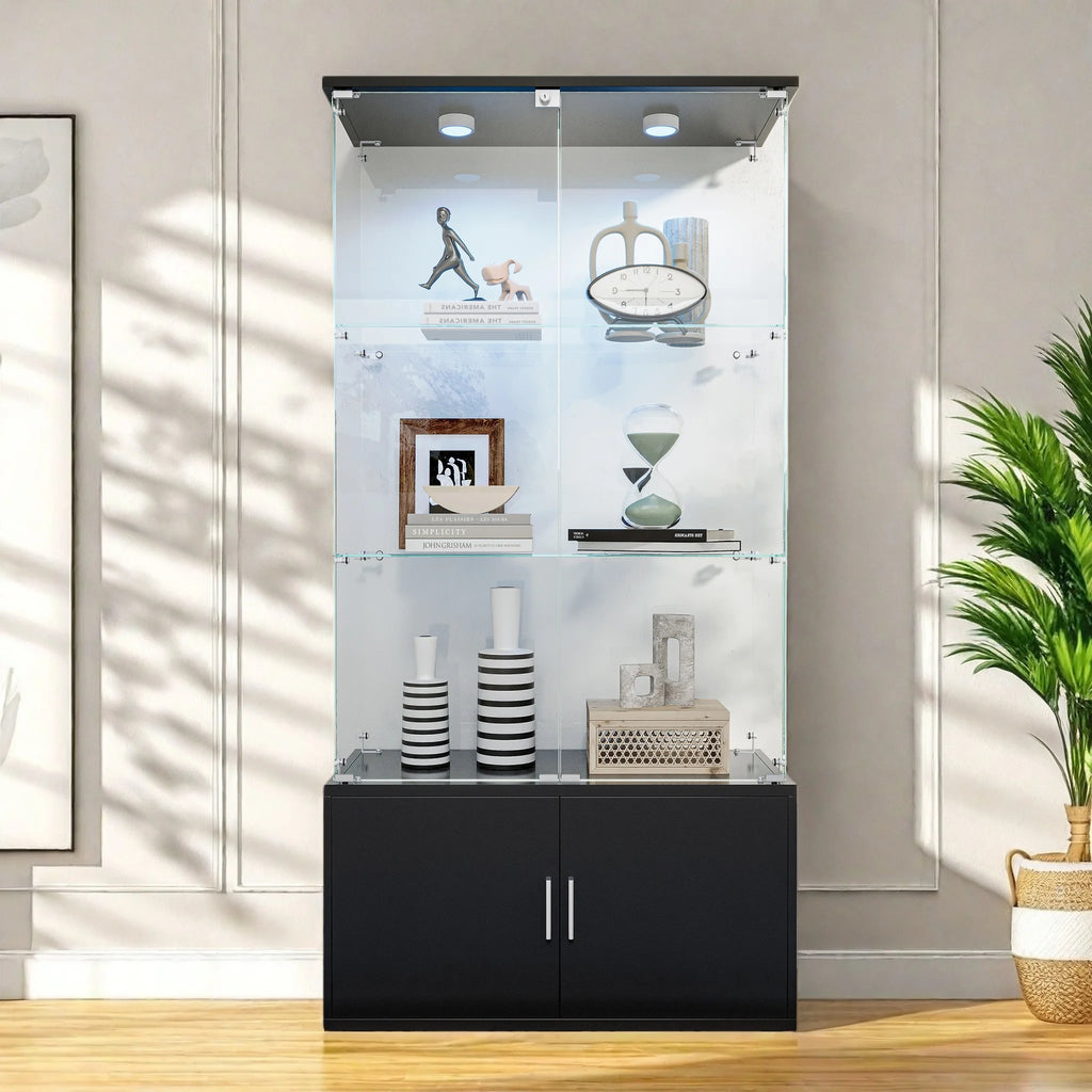 Drei-Etagen-Glasvitrine, Sammlerschrank mit LED-Beleuchtung, Display-Vitrine, Aufbewahrungsschrank und Organizer, geeignet für Wohnzimmer, Schlafzimmer und Büros; Schwarz