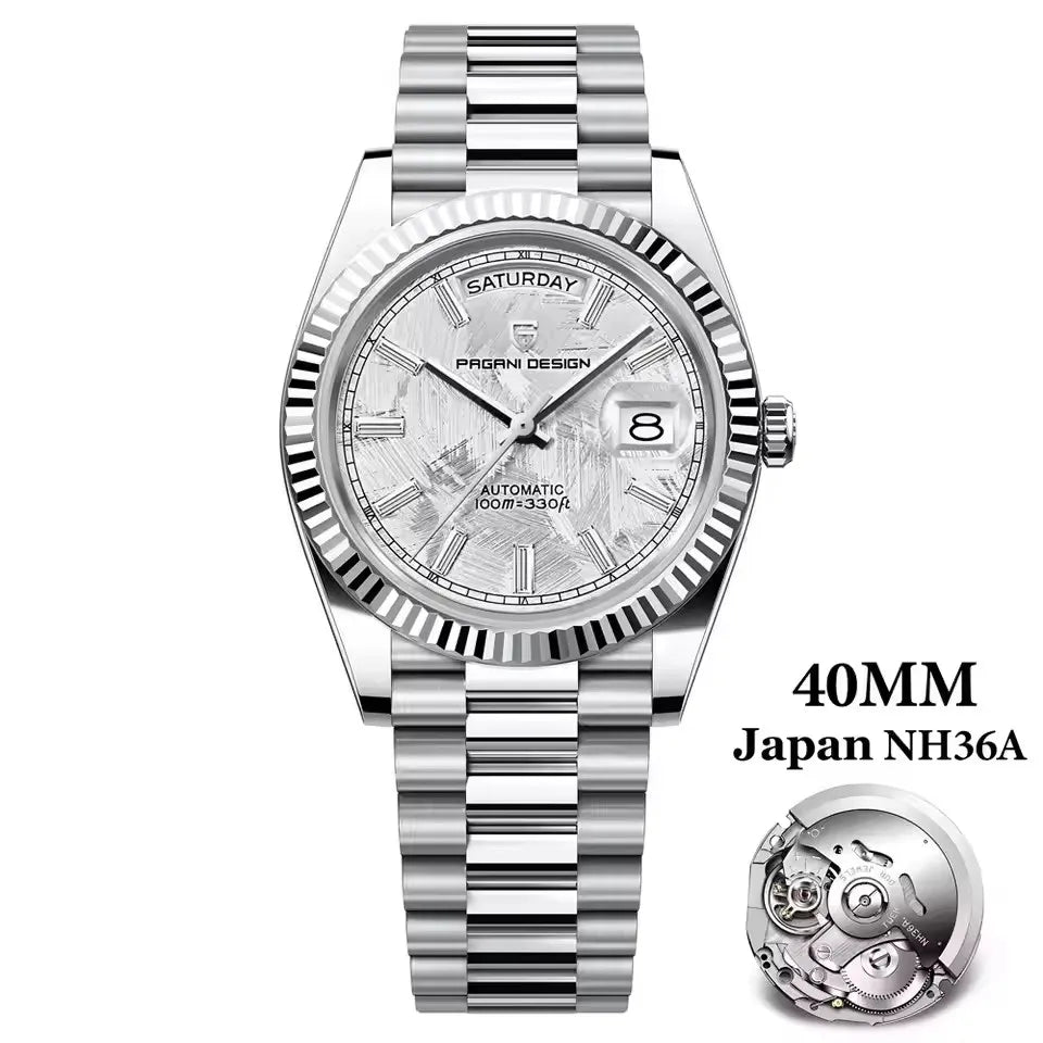 PAGANI DESIGN Neue Herrenuhr 40mm mit Wochenkalender, Edelstahl, wasserdicht 100M, AR Saphirglas, Japanisches Luxus-Uhrwerk