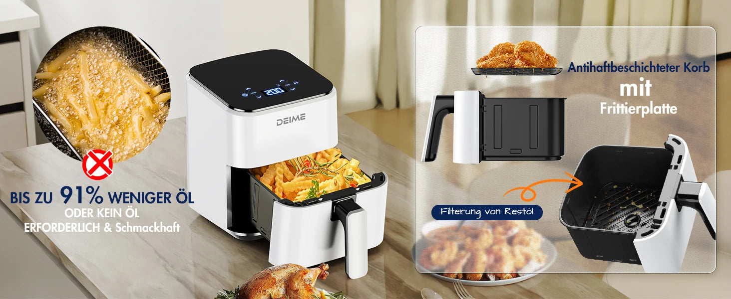 Friggitrice ad Aria DEIME 2.5L, Mini Friggitrice Compatta ad Aria Calda, Schermo Touch LED, Cestello Antiaderente