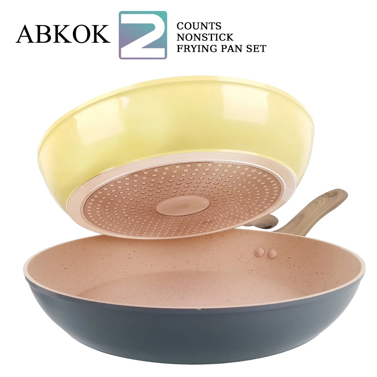 Set di padelle da 2 pezzi, padelle in granito da 9,7 + 11,3 pollici, wok antiaderente con manico in legno, compatibile con tutti i piani cottura.