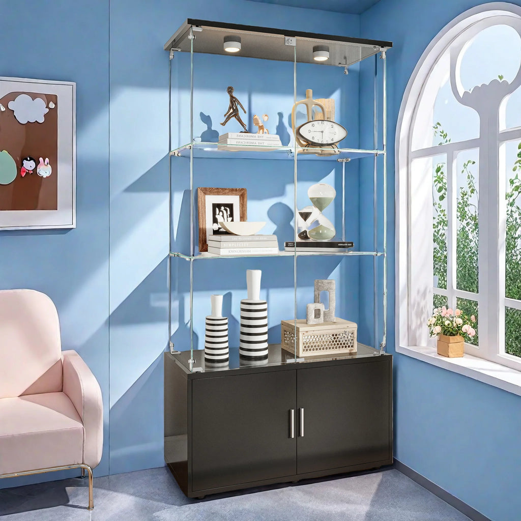 Drei-Etagen-Glasvitrine, Sammlerschrank mit LED-Beleuchtung, Display-Vitrine, Aufbewahrungsschrank und Organizer, geeignet für Wohnzimmer, Schlafzimmer und Büros; Schwarz