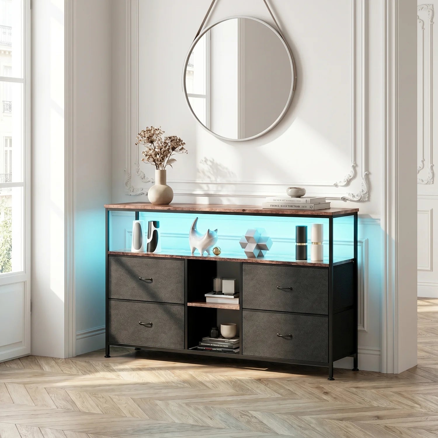 Anajqaqia Moderner TV-Ständer mit 4 Schubladen, Aufbewahrungsschrank mit LED-Beleuchtung, Metallrahmen, geeignet für Wohnzimmer und Schlafzimmer, 137 x 30 x 78 cm