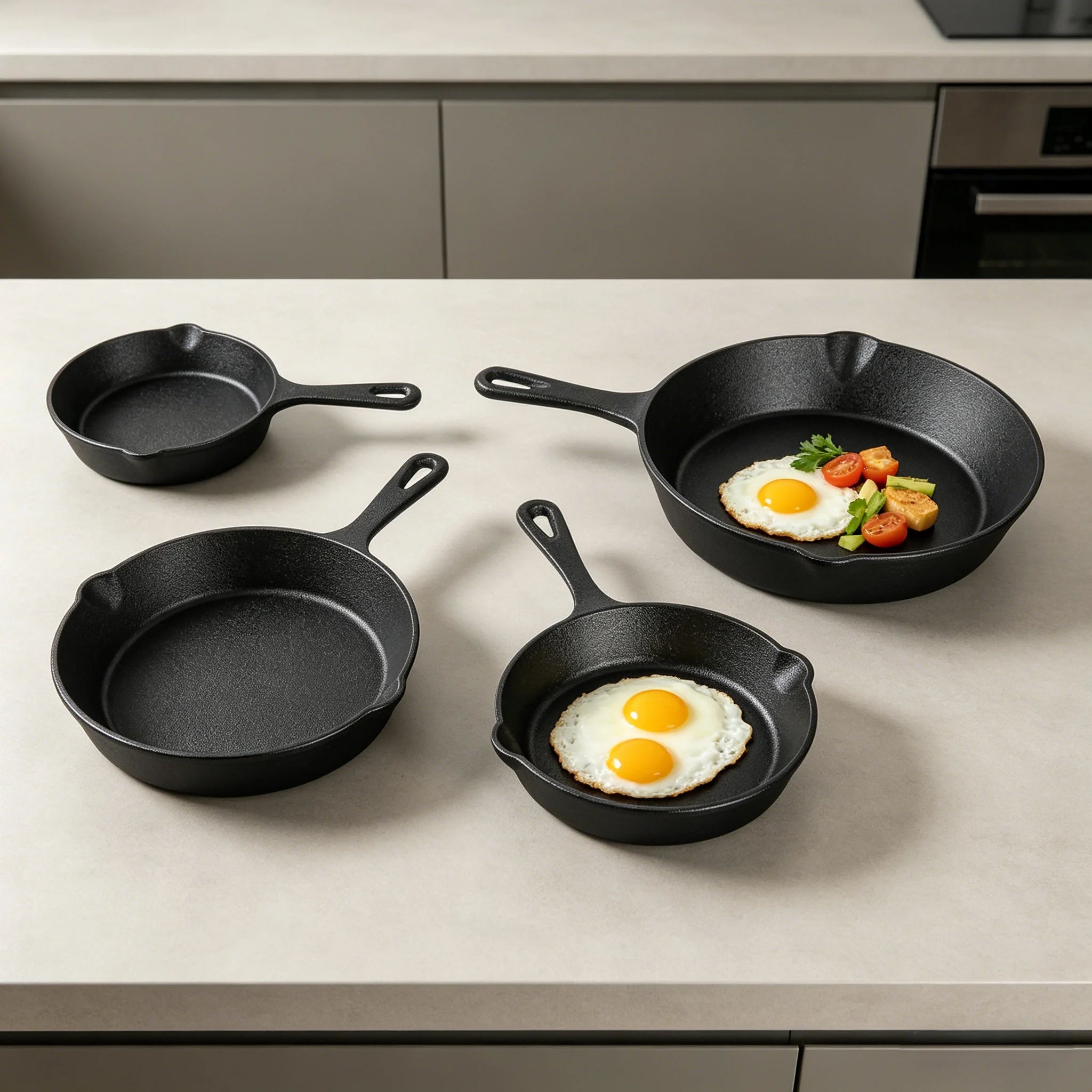 Set di 4 Padelle in Ghisa Non Rivestite Compatibili con l'Induzione, Antiaderenti per Friggere, Bistecche, BBQ, Omelette