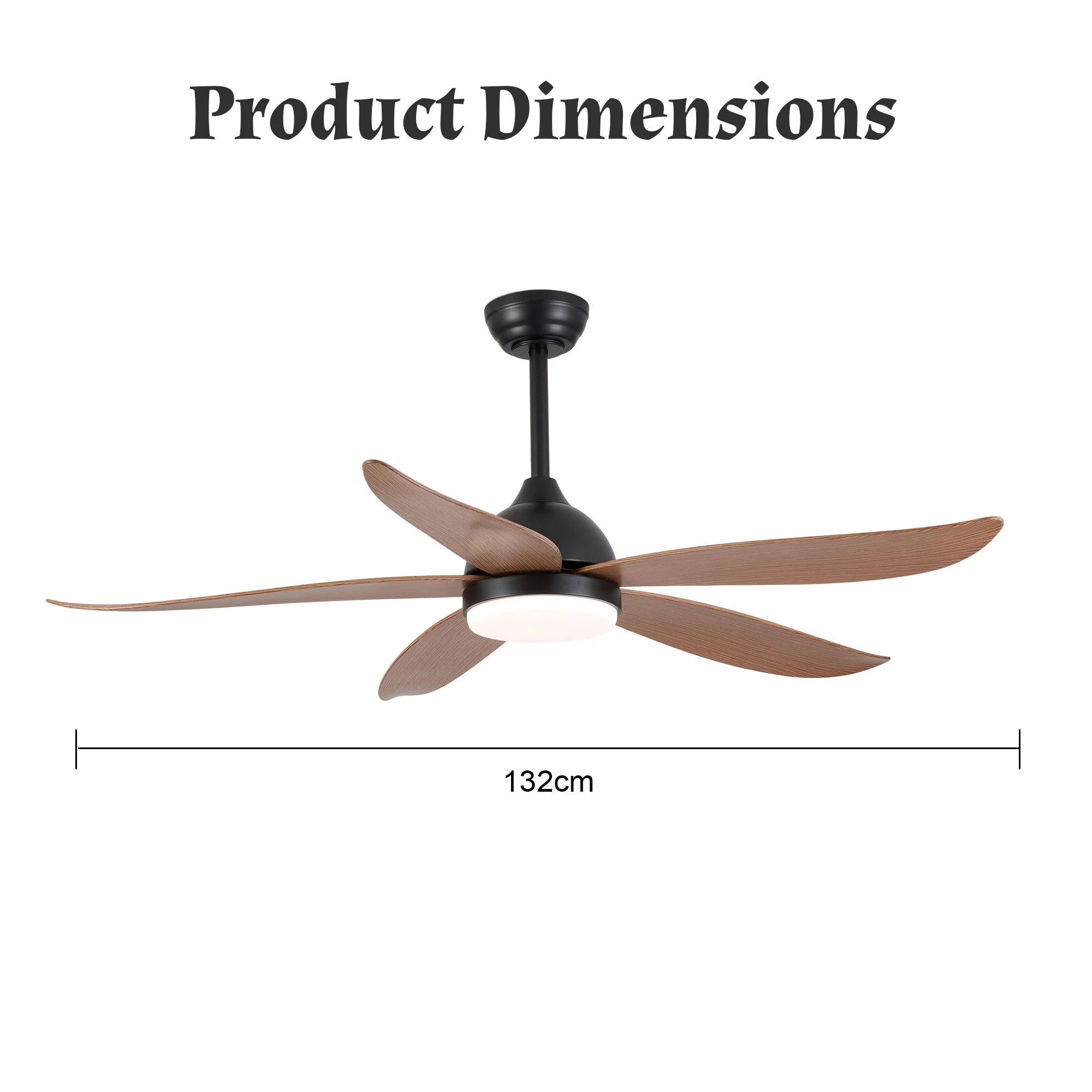 Ventilatore da soffitto da 132 cm con luce LED, 6 velocità, telecomando, reversibile, dimmerabile, finitura in legno