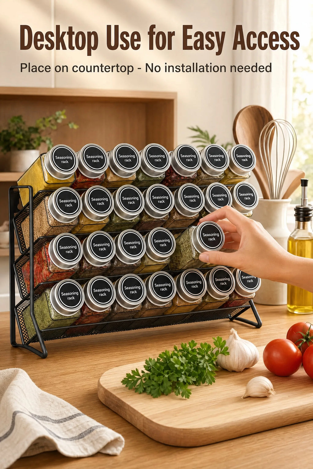 Scaffale portaoggetti da cucina a 4 livelli in acciaio al carbonio, da parete, per barattoli di spezie, antiscivolo, da tavolo e da parete, doppio uso