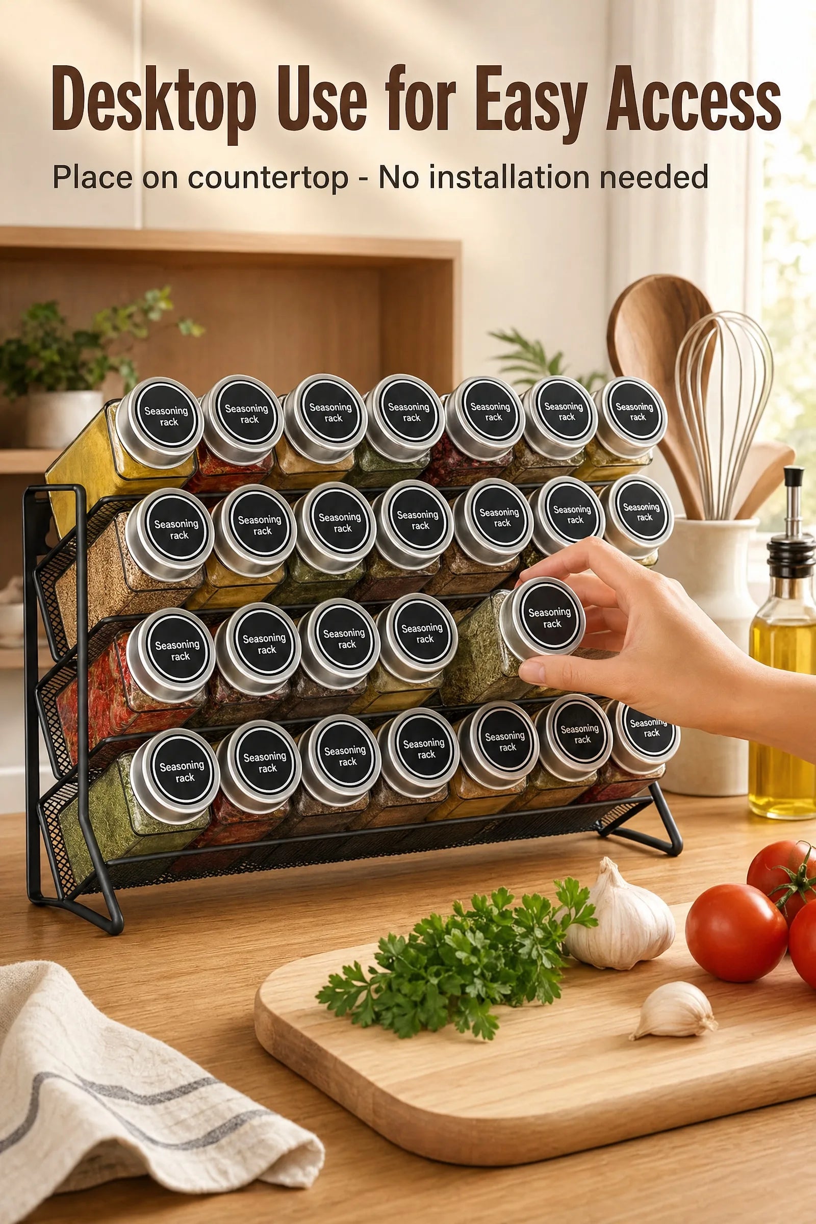Scaffale portaoggetti da cucina a 4 livelli in acciaio al carbonio, da parete, per barattoli di spezie, antiscivolo, da tavolo e da parete, doppio uso