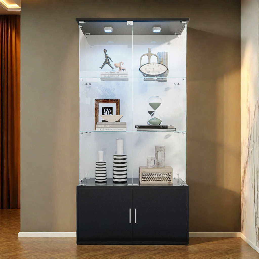 Drei-Etagen-Glasvitrine, Sammlerschrank mit LED-Beleuchtung, Display-Vitrine, Aufbewahrungsschrank und Organizer, geeignet für Wohnzimmer, Schlafzimmer und Büros; Schwarz