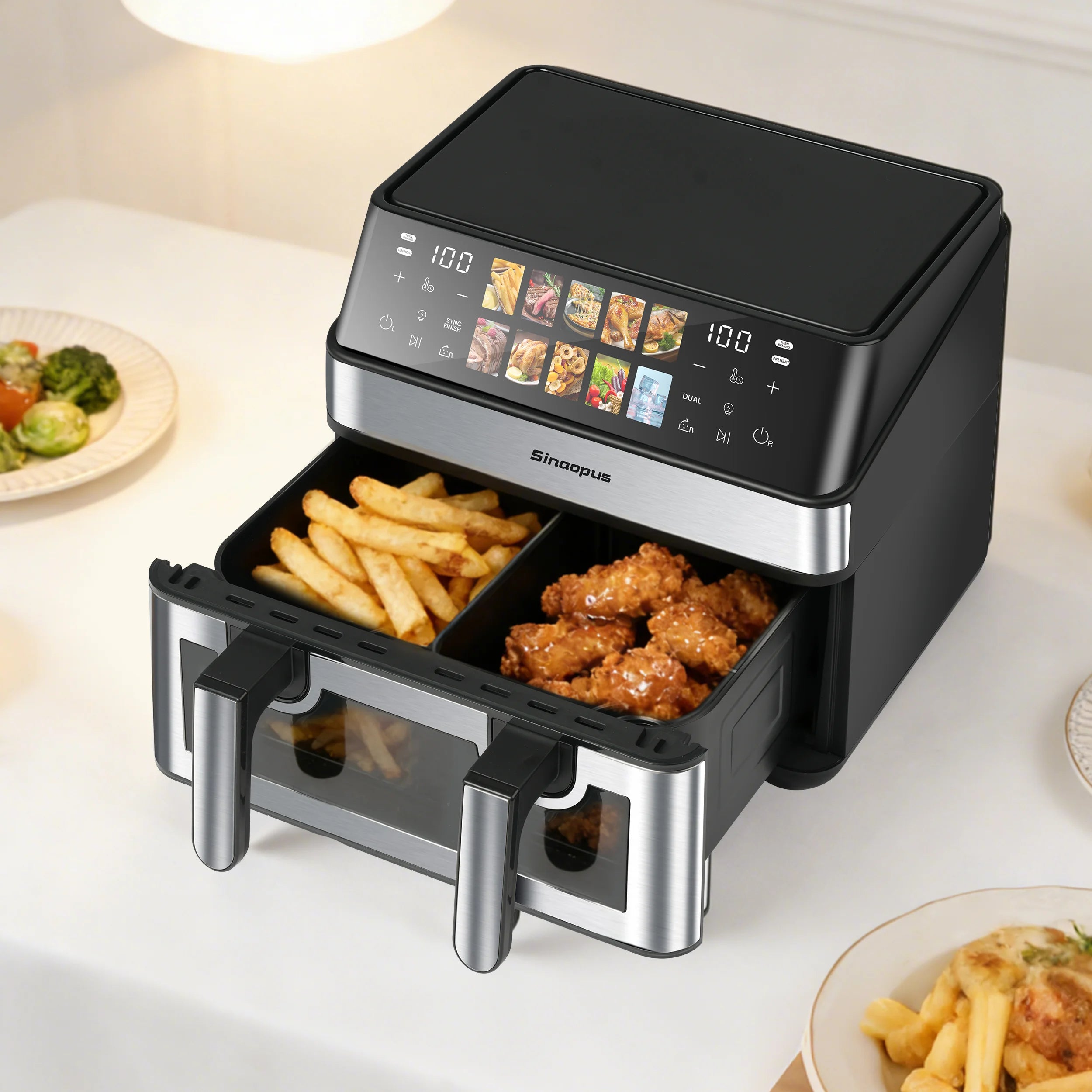 Friggitrice ad Aria Calda 8,5L 2000W con Doppio Cestello e Finestra LED Touch, 10 Programmi