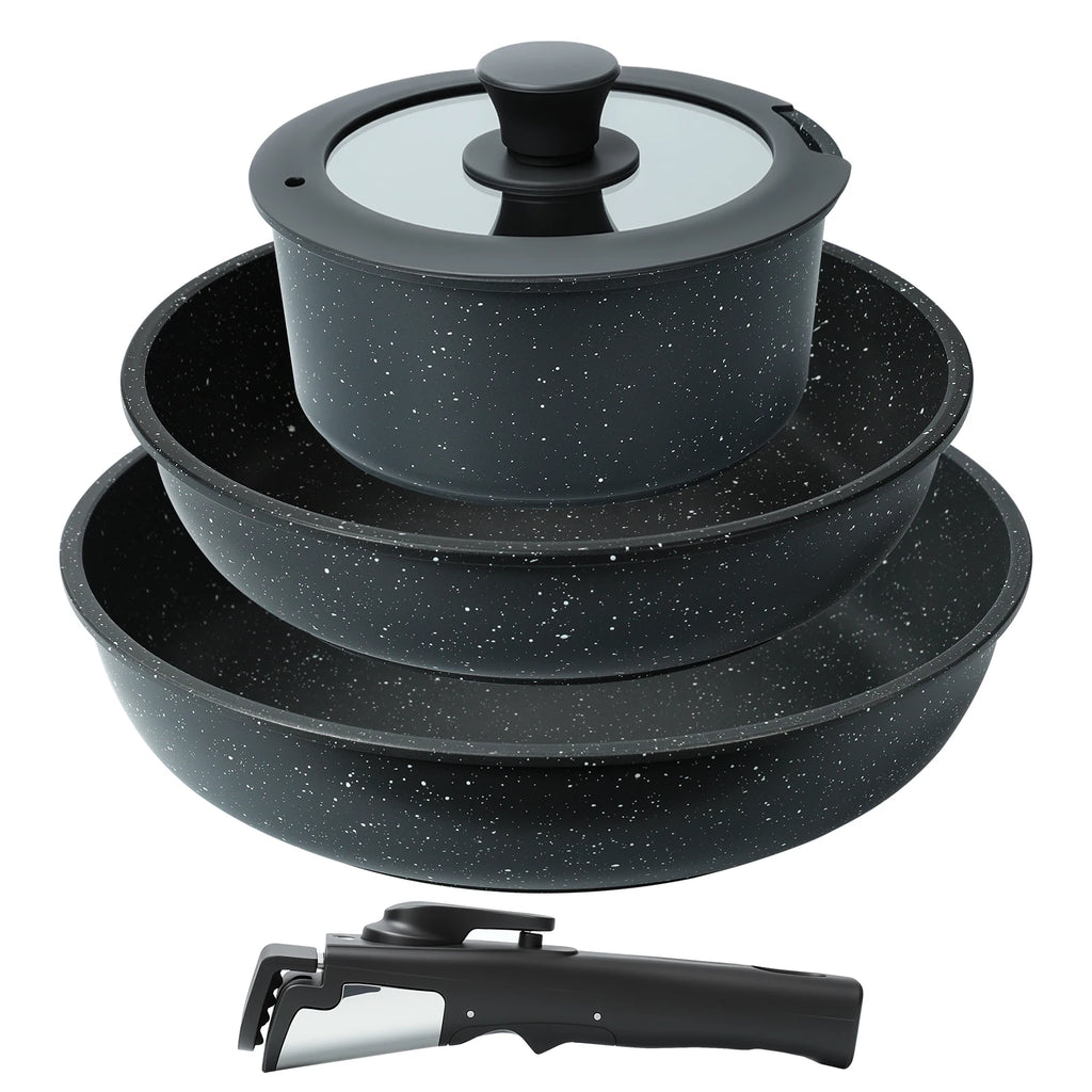 Set di 5 Pentole e Padelle Antiaderenti con Manico Staccabile, Set di Pentole per Cucina a Induzione, Pentole Salutari per Camper