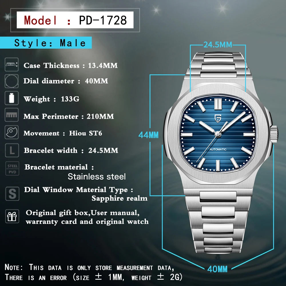Nuovo Orologio Meccanico Automatico di Lusso Pugani da Uomo con Vetro Zaffiro Antiriflesso e Lancette Luminose, Orologio Sportivo da Uomo, Consegna Locale