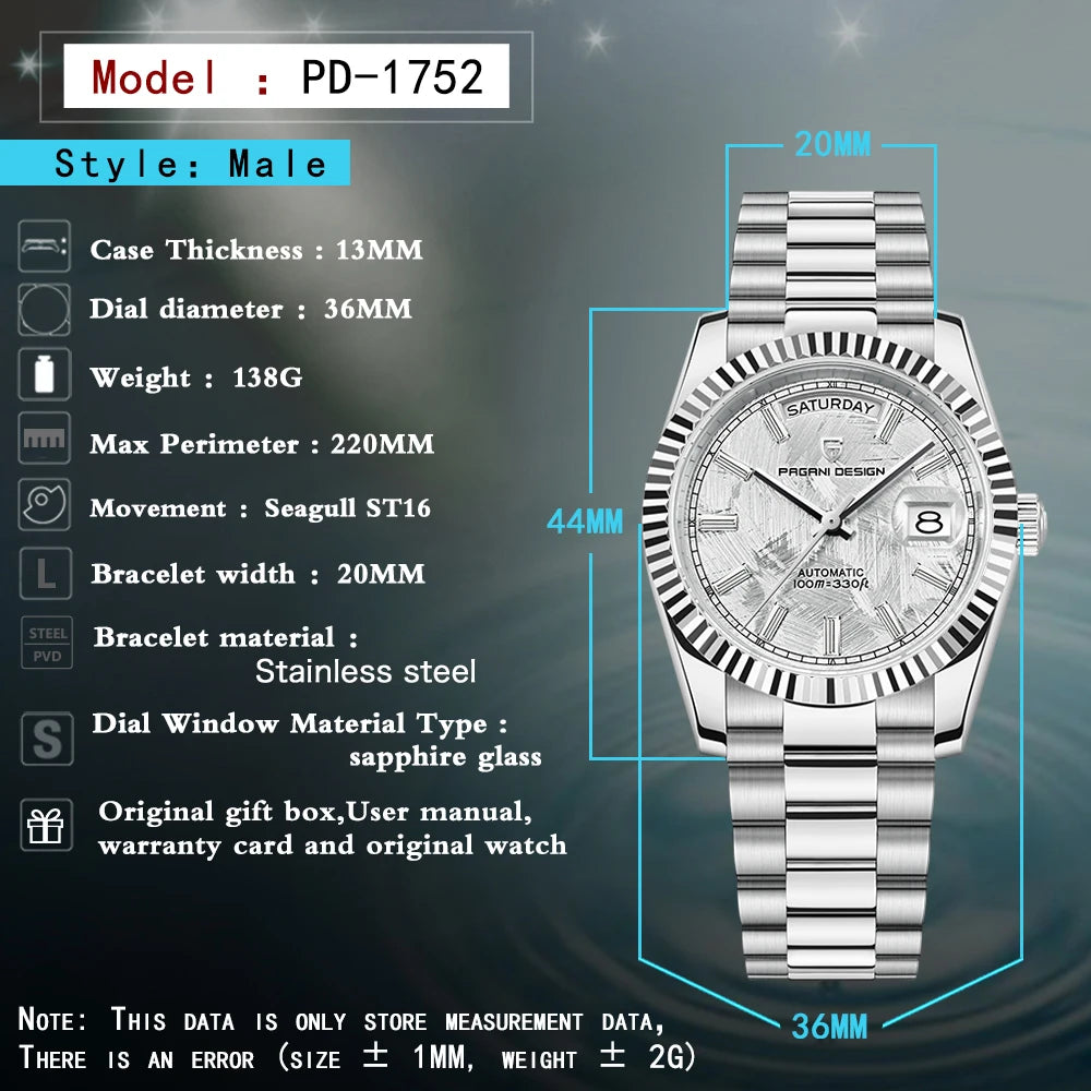 PAGANI DESIGN Orologio Automatico Uomo DD36 Quadrante Meteorite Bianco Acciaio Inossidabile