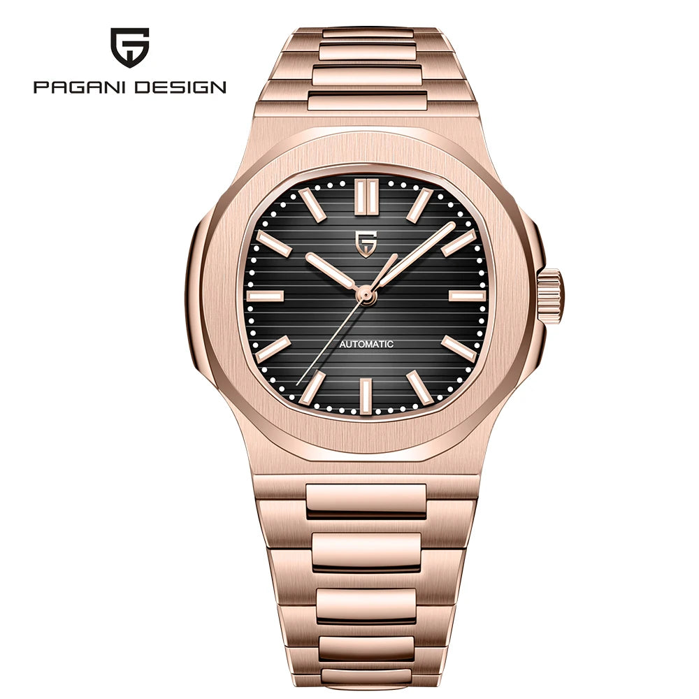 Pugani Luxus-Automatik-Herrenuhr mit entspiegeltem Saphirglas und Leuchtzeigern, Sportuhr für Herren, Lokale Lieferung