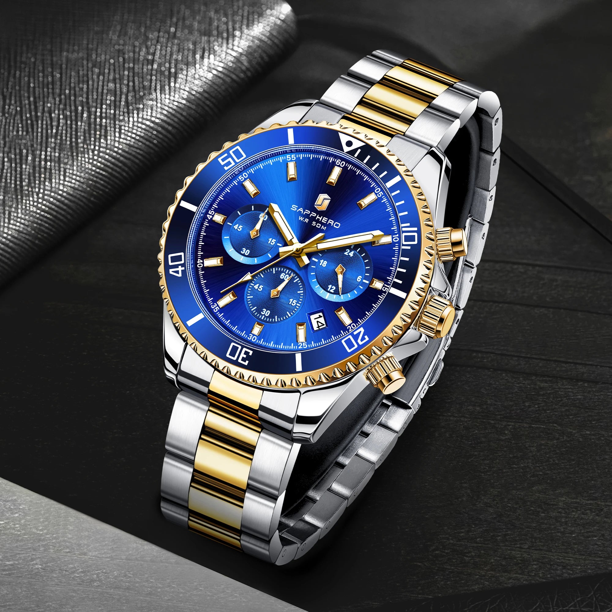 SAPPHERO Orologio da Polso Quarzo Uomo Acciaio Inossidabile Impermeabile 50M Cronografo