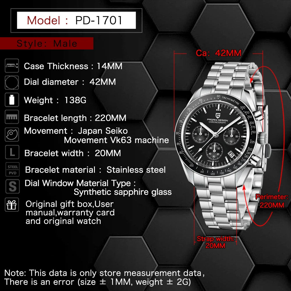 PAGANI DESIGN Nuovo PD1701 Orologio da Uomo di Lusso al Quarzo Cronografo Sportivo con Vetro Zaffiro Impermeabile Spedizione Locale