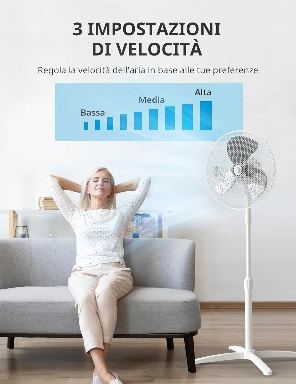 Ventilatore a Piantana, 3 Velocità Regolabili, Oscillazione 90°, Altezza Regolabile, Flusso d'Aria Potente e Funzionamento Silenzioso, Ideale per Casa e Ufficio, Bianco