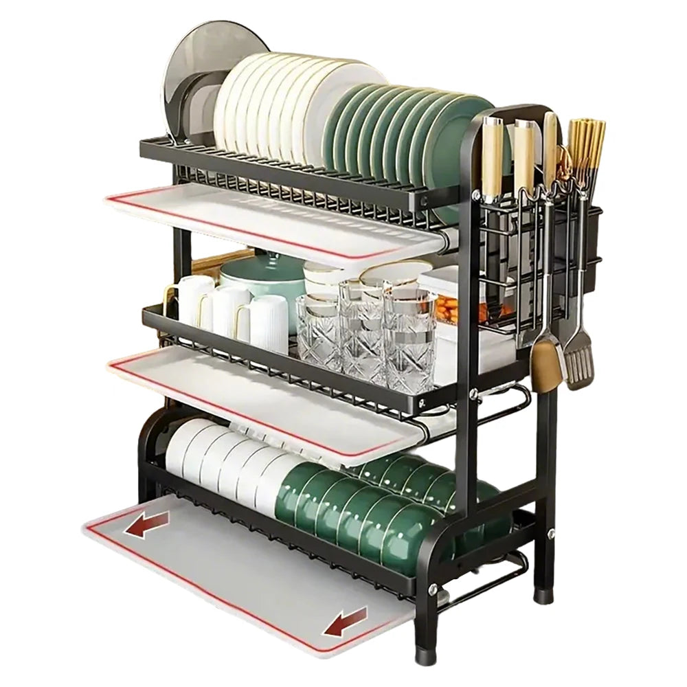 Stendino per piatti Scolapiatti a 3 livelli Scolapiatti Scaffale per piatti antiruggine di grande capacità con portautensili Organizzatore da cucina