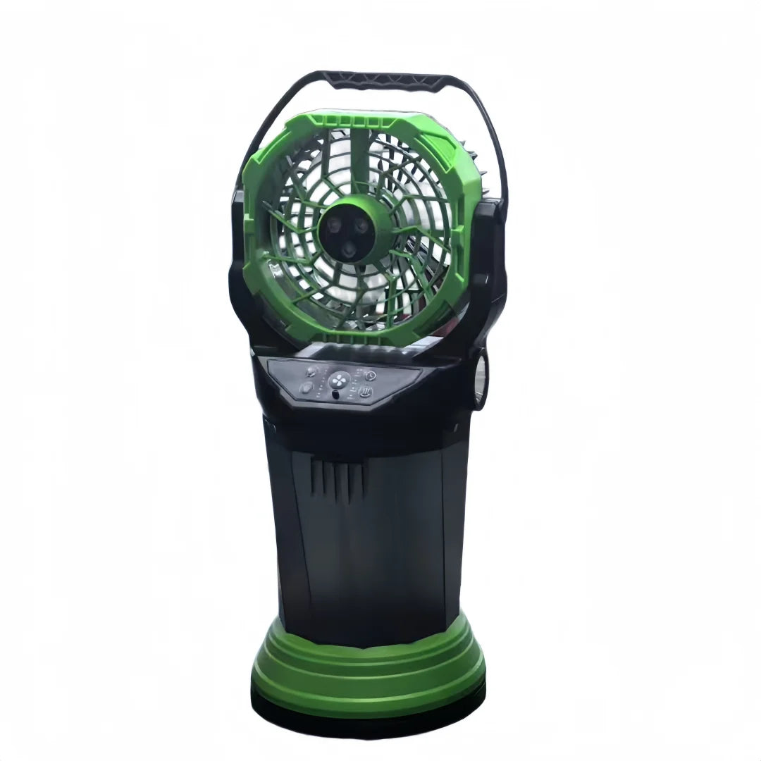 Ventilatore Portatile a Batteria 15.000 mAh con Nebulizzatore, Luce LED, 3 Uscite d'Aria, USB, per Campeggio, Nero