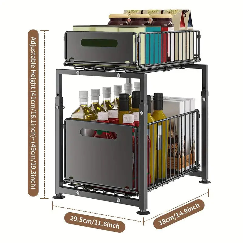 Organizer estraibile sotto il lavandino, scorrevole in altezza regolabile a 2 livelli per armadio da cucina/bagno, ripiano per barattoli di spezie