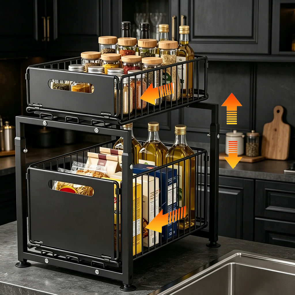 Ausziehbarer 2-stöckiger Organizer für den Schrank, höhenverstellbar 41-49 cm, Unterschrank-Auszug, Regal aus Karbonstahl für Küche und Bad